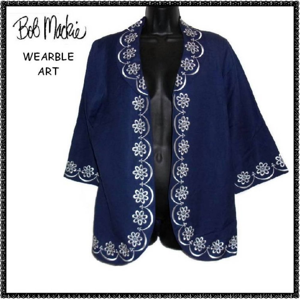 BOB MACKIE Jacket S / M Open Front NAVY Embroidery